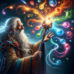 Elderly Wizard Commanding Elements with Ornately Designed Staff