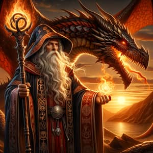 Powerful Wizard Taming a Fiery Red Dragon - Fantasy Scene