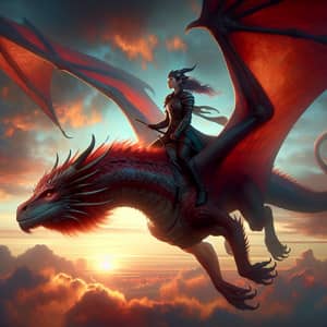 Majestic Red Dragon with Resolute Female Rider in Sunset Harmony