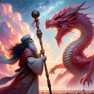 Middle Eastern Wizard Confronts Red Dragon in Divine Sky
