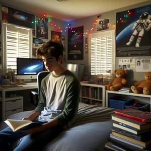 15-Year-Old Hispanic Teen Reading in Bedroom | Space Exploration Theme