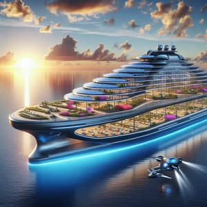 Futuristic Cruise Ship with Solar Panels and Botanical Gardens