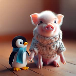 Small Pig Holding Hands with Little Penguin
