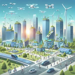 Futuristic City Concept with Solar Panels, Drones & Green Spaces
