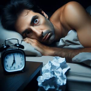 Insomnia Struggles: Middle-Eastern Adult Awake in Dimly Lit Room