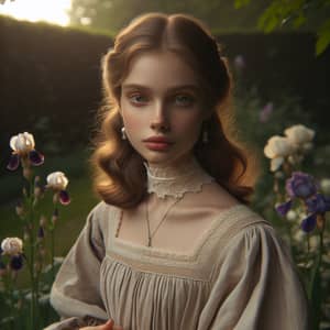 Caucasian Girl in Renaissance Attire | Tranquil Garden Setting