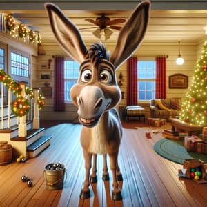 Funny Cartoon Donkey in Festive Christmas Home Setting
