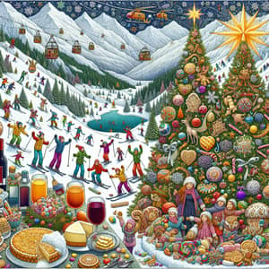 Wintry Mountainscape Illustration with Skiers, Christmas Tree & Holiday Treats