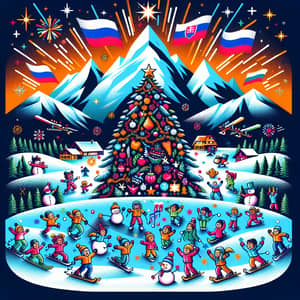 Multicultural New Year T-Shirt Design with Snowy Mountain & Christmas Tree