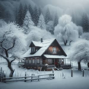 Rustic Winter House Surrounded by Snow-Covered Trees