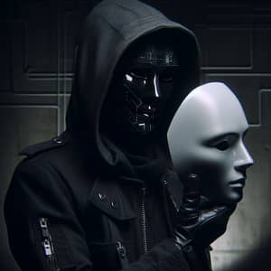 Hooded Cypherpunk with Porcelain Mask - Enigmatic Codes and Privacy