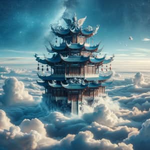 Traditional Chinese Celestial Palace Floating Above Fluffy Clouds