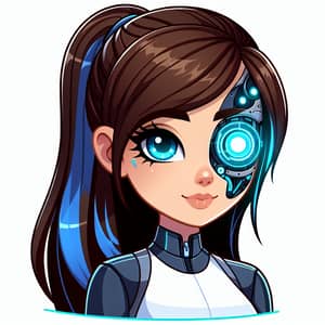 Futuristic Girl with Dark Brown Hair, Blue Streaks & Bionic Eye