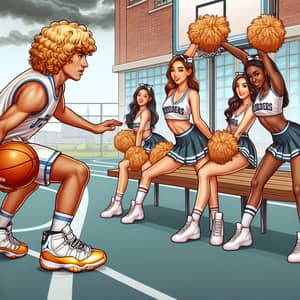 School Basketball Court Scene with Diverse Players and Cheerleaders
