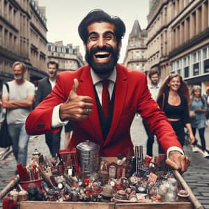 Vibrant South Asian Street Marketer in Red Suit - City Life Scene