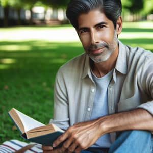 Realistic Front-Face Portrait of Middle-Aged South Asian Man Studying Outdoors