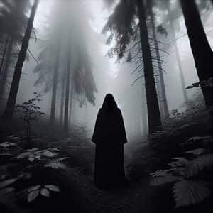 Mysterious Figure in Misty Forest - Gray Tones & Vintage Vibe