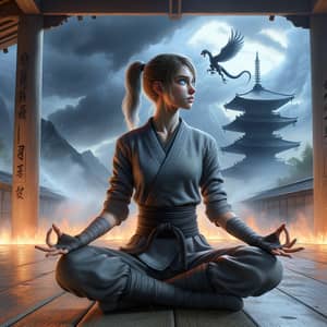 Meditating Young Woman in Martial Arts Attire Summoning Fire at Wooden Dojo