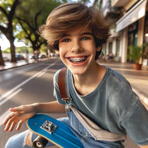 Cheerful Boy Skateboarding with Blue Braces