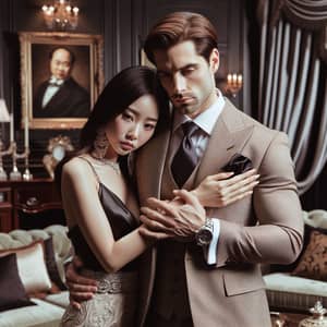 Luxurious Caucasian Mafia Man with Elegant Asian Wife in Well-Furnished Room
