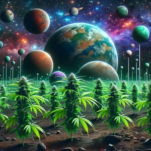 Surreal Cosmic Garden: Planets and Cannabis Plants