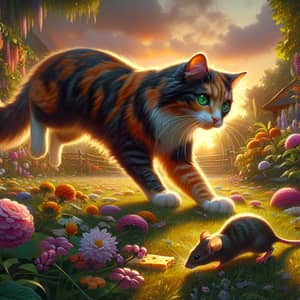 Radiant Calico Cat Pouncing in Blooming Garden