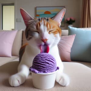 Orange and White Domestic Cat Enjoying Ube Ice Cream Dessert