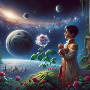 Prince Observing Rose Bloom on Strange Alien Planet