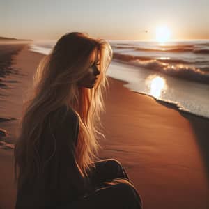 Serene Beach Sunset Scene with Woman Gazing Towards Horizon
