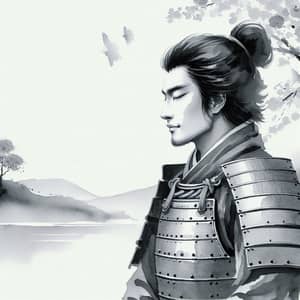 Minimalist Ink Wash Painting of a Serene Samurai in Traditional Armor