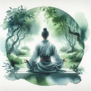 Serene Watercolor Painting of Meditating Individual in Tranquil Garden