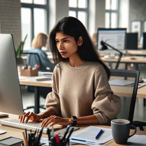 Dedicated South Asian Woman Working in Modern Office Environment