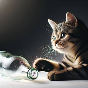 Playful Tabby Cat Interaction with Glass Bottle | Curious Cat Image