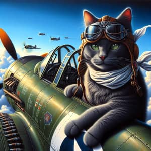 Dark Grey Cat as WWII Pilot in Vintage Fighter Plane Illustration