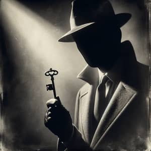 Vintage Film Noir Style Photograph with Mysterious Figure Holding Key