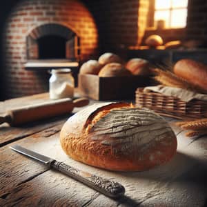 Artisanal Bread: Freshly Baked Golden Loaf on Rustic Table