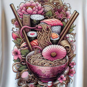 Japanese Cuisine Inspired White T-Shirt with Pink and Gold Accents