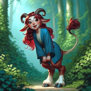 Asian Satyr Girl with Small Horns in Blue Robe Exploring Forest