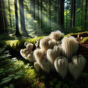 Lions Mane Mushroom Growing on Logs in Woods