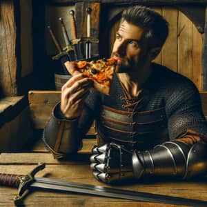 One-Armed Swordsman Enjoying Pizza in Rustic Tavern