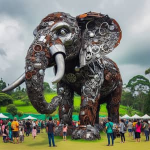 Large Elephant Sculpture Made of Scrap Metal in Field