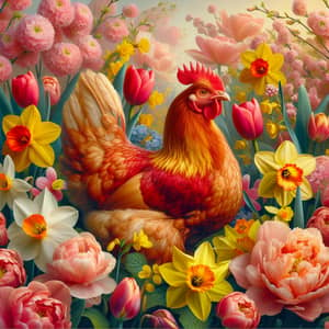 Spring Chicken in Bloom: Vibrant Red and Gold Amid Tulips & Cherry Blossoms