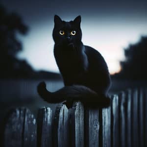 Gleaming Yellow-Eyed Black Cat Perched on Weather-Worn Wooden Fence