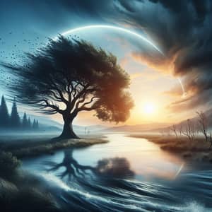 Tranquil Landscape with Resilient Oak Tree | Sunrise Symbolism