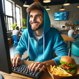 Young Man Enjoying Computer Game with Burger and Fries in Youth Room