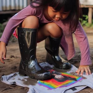 Young South Asian Girl in Shiny Boots on Colorful T-Shirt