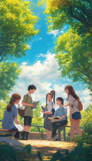 Vibrant Anime-Style Park Scene with Friends: Engaging and Energetic