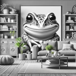 Adorable Frog in Charming Living Room - Grayscale Image