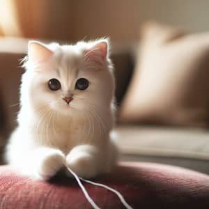 Playful White Cat on Red Cushion | Bright-Eyed Feline in Cozy Setting