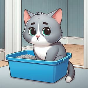 Grey Cat Using Blue Litter Box - Clean Indoor Scene